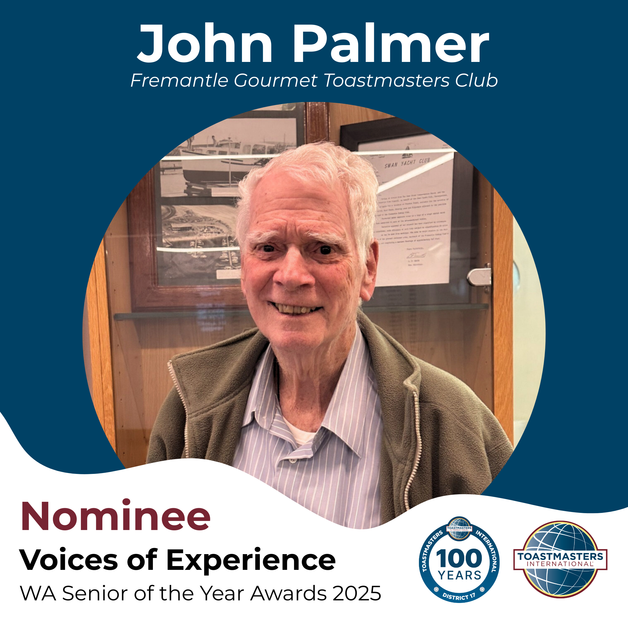 We’re delighted to share that John Palmer has been nominated for WA Senior of the Year.
John’s 16 years of volunteer service with Toastmasters International includes twice achieving the Distinguished Toastmaster Award, establishing new clubs, and pioneering 11 Gavel Clubs for school students – a program now recognised in the WACE system.
At 84, John continues to mentor and inspire. We are proud of his achievements.